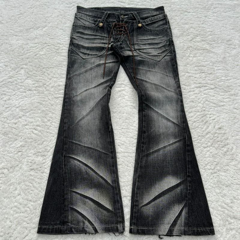 Men's Gothic Flared Jeans Retro Washed Denim Pants With Double Waistband Y2k Vintage High Street Style_mkmklike.com