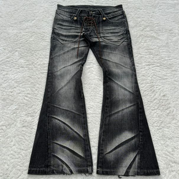 Men's Gothic Flared Jeans Retro Washed Denim Pants With Double Waistband Y2k Vintage High Street Style_mkmklike.com