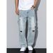Men's American Retro Washed Distressed Patch Jeans Wide Leg Loose Fit Casual Versatile Straight Leg Trousers_mkmklike.com