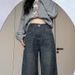 Women's High-Waisted Wide-Leg Jeans Retro Washed Plaid Design Distressed Slimming Versatile Flowy Floor-Length Trousers_mkmklike.com