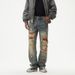 Men's Distressed Patchwork Relaxed Fit Straight Leg Jeans – Vintage American Streetwear Style With Washed & Faded Details_mkmklike.com