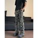 Men's Clothing American high street vibe wrinkled camouflage jeans men's hip-hop workwear straight flared loose slim long pants_mkmklike.com