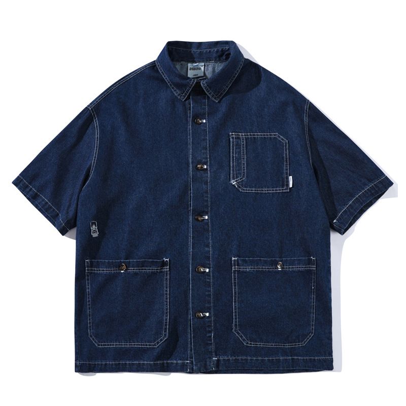 Men's Clothing Washed Pocket Workwear Short Sleeved Denim Shirt Men's And Women's Loose Half Sleeved Shirt Trend_mkmklike.com