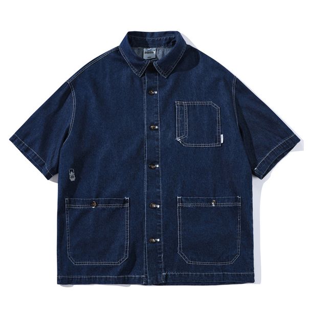 Men's Clothing Washed Pocket Workwear Short Sleeved Denim Shirt Men's And Women's Loose Half Sleeved Shirt Trend_mkmklike.com