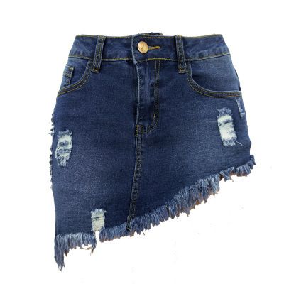 Women's Clothing Ripped Women's Washed Denim Four Color Irregular Short Skirt_mkmklike.com