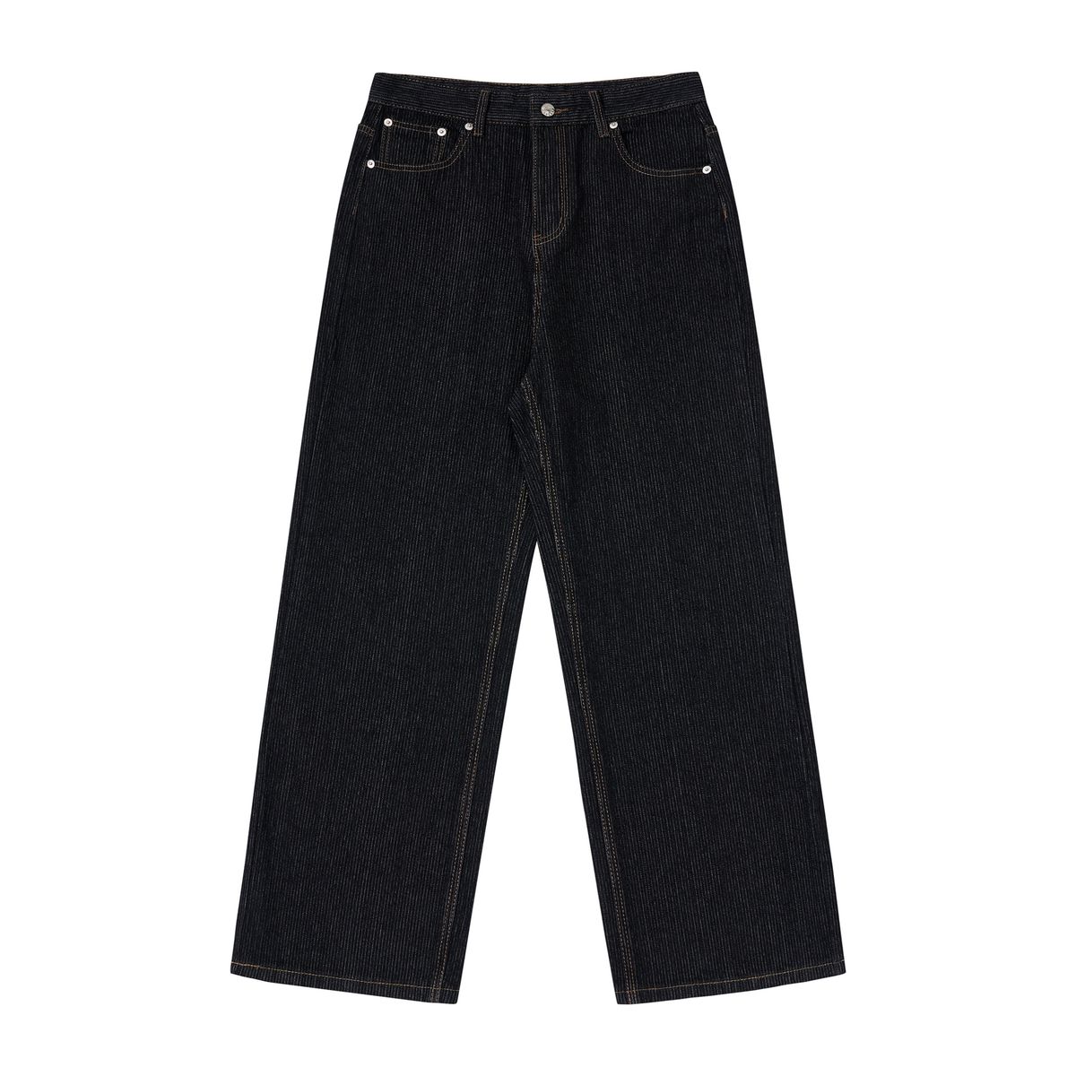 Men's Black Striped Pleated Wide-Leg Jeans – 14oz Raw Denim, A-Line Relaxed Fit (Straight Cut, Washed Cotton, S-XL, Japanese Retro Style)_mkmklike.com