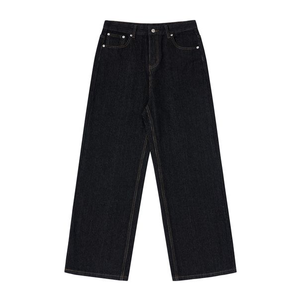 Men's Black Striped Pleated Wide-Leg Jeans – 14oz Raw Denim, A-Line Relaxed Fit (Straight Cut, Washed Cotton, S-XL, Japanese Retro Style)_mkmklike.com
