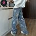 Men's Clothing Floral Washed Jeans Design Sense High End Men's Summer Loose Wide Leg Mopping Pants_mkmklike.com