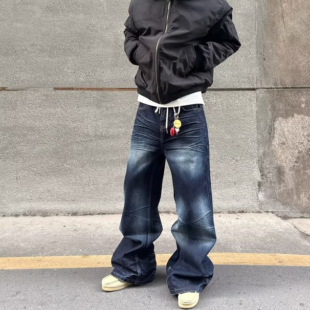 Retro Vintage Washed Denim Pants Unisex Straight Leg Heavyweight Trousers For Streetwear Style Authentic Vintage Wash_mkmklike.com