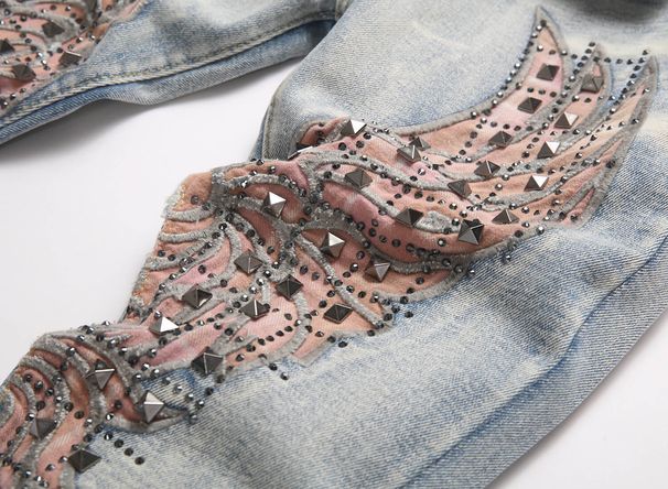 Blue Retro High Street Stretch Jeans for Youth Cross Border Trade Style Flared Studded Embroidered Trendy 8296_mkmklike.com