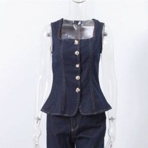 K Women's Button Up High Waisted Denim Top And Pants Set_mkmklike.com