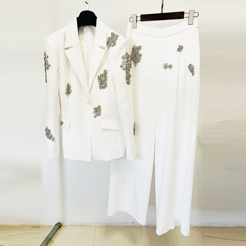Women's clothing fashion new heavy beaded diamond one-button suit jacket wide-leg pants suit two pieces_mkmklike.com