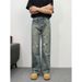 Men's Rhinestone Embellished Jeans – Distressed Washed Denim Pants With Star Studs, Streetwear Straight-Leg Fit (Blue)_mkmklike.com