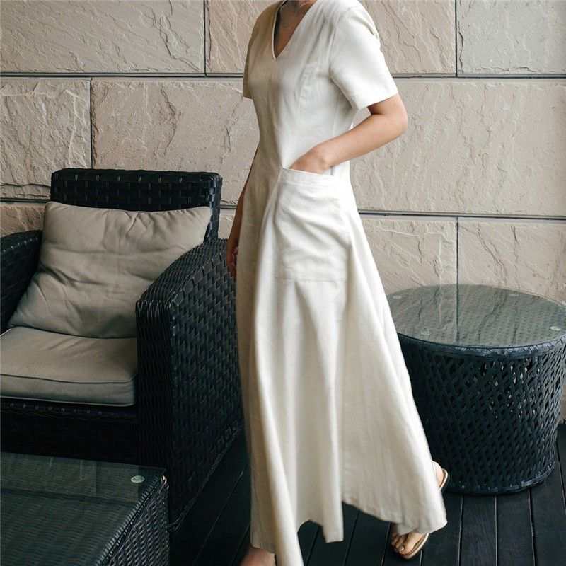 Women's Clothing Loose short-sleeved dress student V-neck babydoll skirt fashionable slim_mkmklike.com