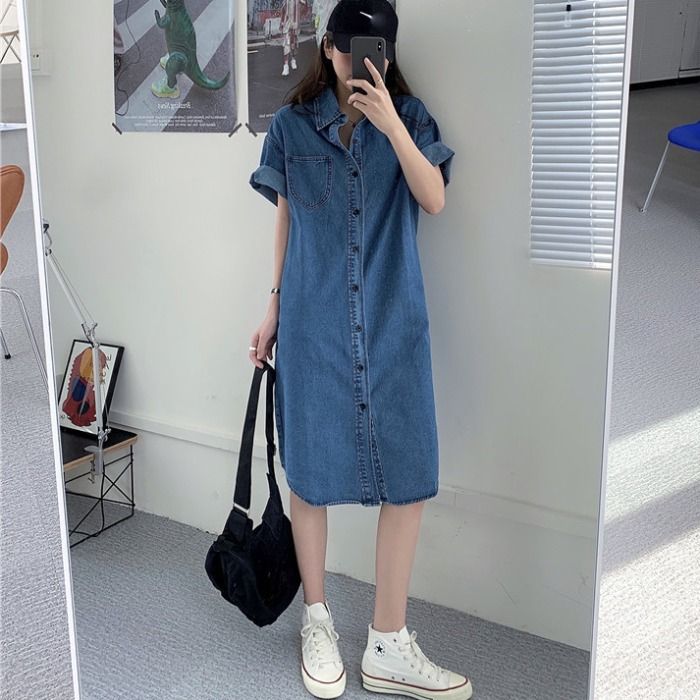 ELLE ELLE Denim For Women Spring Autumn Dark Blue Shirt 2021 New Trendy Korean Style Loose Casual Dress Summer_mkmklike.com