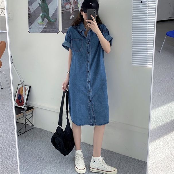 ELLE ELLE Denim For Women Spring Autumn Dark Blue Shirt 2021 New Trendy Korean Style Loose Casual Dress Summer_mkmklike.com