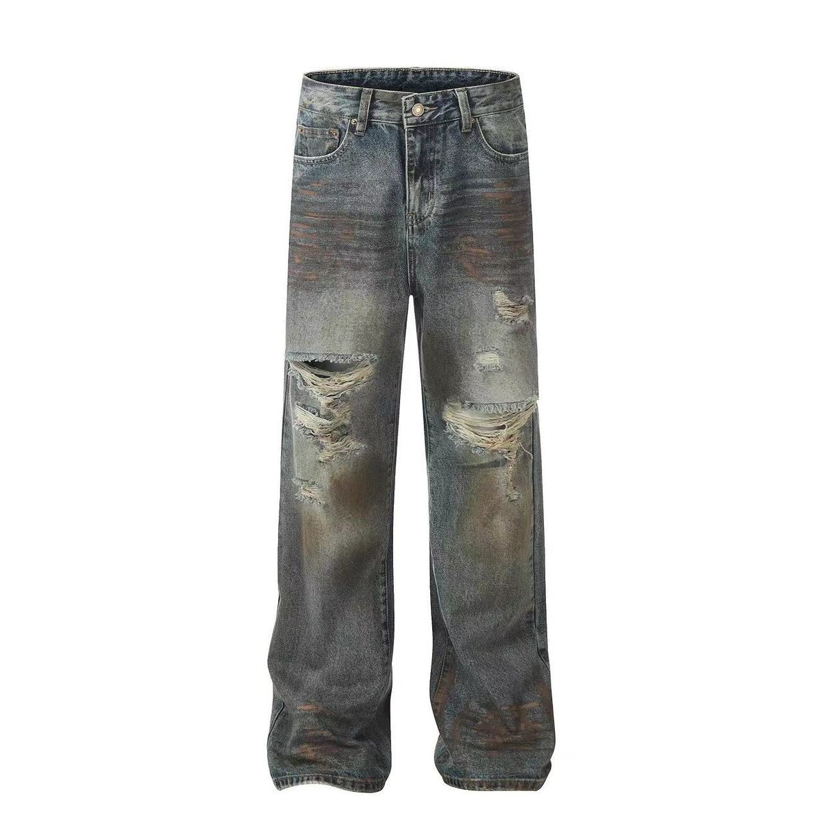Unisex Retro Wasteland Distressed Jeans High End Casual Mid Waist Straight Leg Blue Denim Trousers For Men Summer Fashion_mkmklike.com