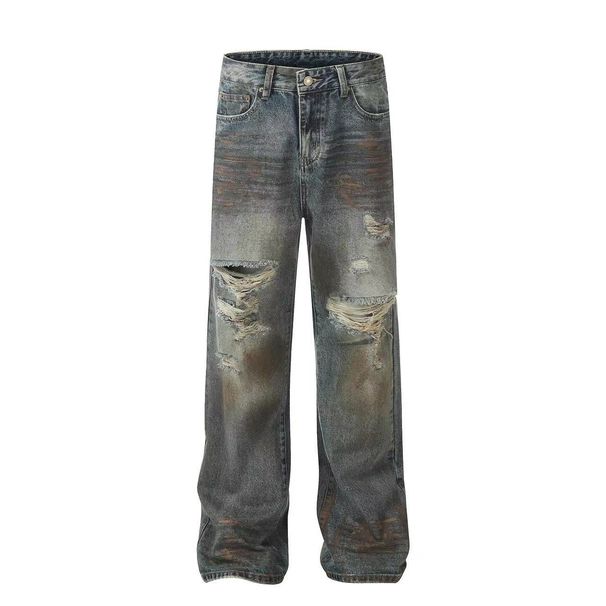 Unisex Retro Wasteland Distressed Jeans High End Casual Mid Waist Straight Leg Blue Denim Trousers For Men Summer Fashion_mkmklike.com