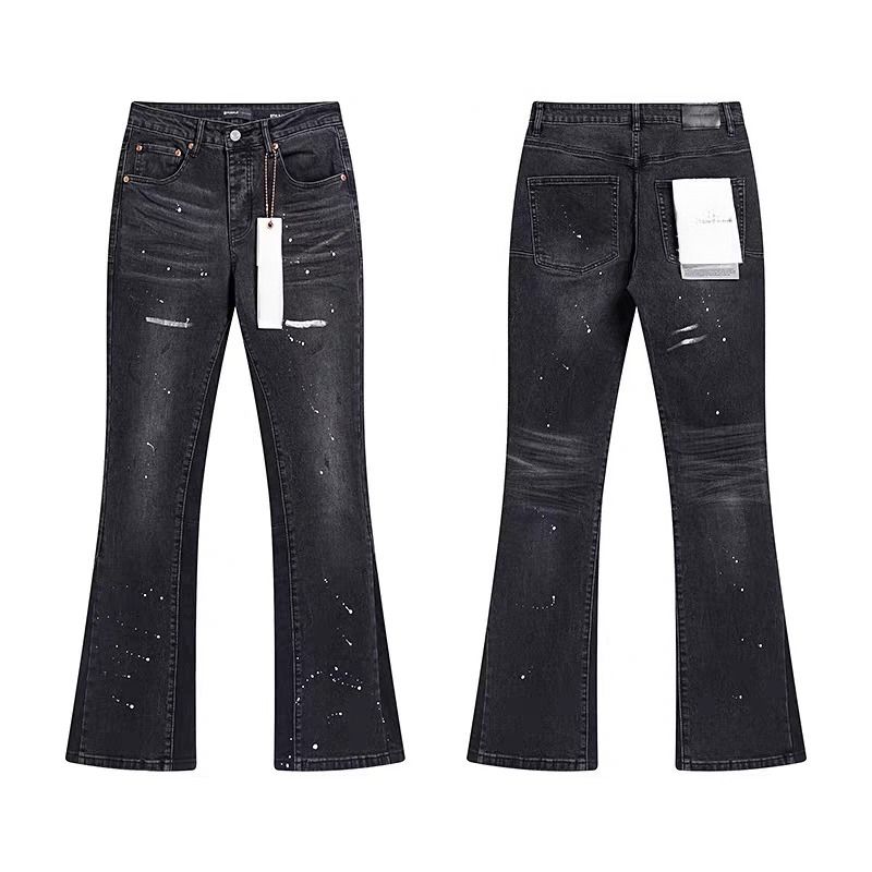 Unisex Y2K High-Waist Flared Jeans, Black-Grey Fade, White Splatter & Scratches, Breathable Summer Style_mkmklike.com