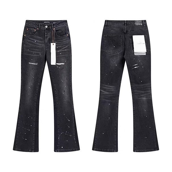 Unisex Y2K High-Waist Flared Jeans, Black-Grey Fade, White Splatter & Scratches, Breathable Summer Style_mkmklike.com