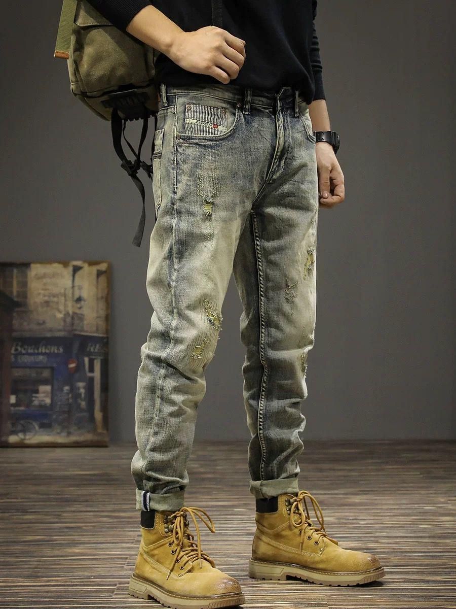 Men's Vintage Distressed Slim Fit Stretch Jeans Ripped Details Faded Wash Casual Classic Men's Clothing_mkmklike.com