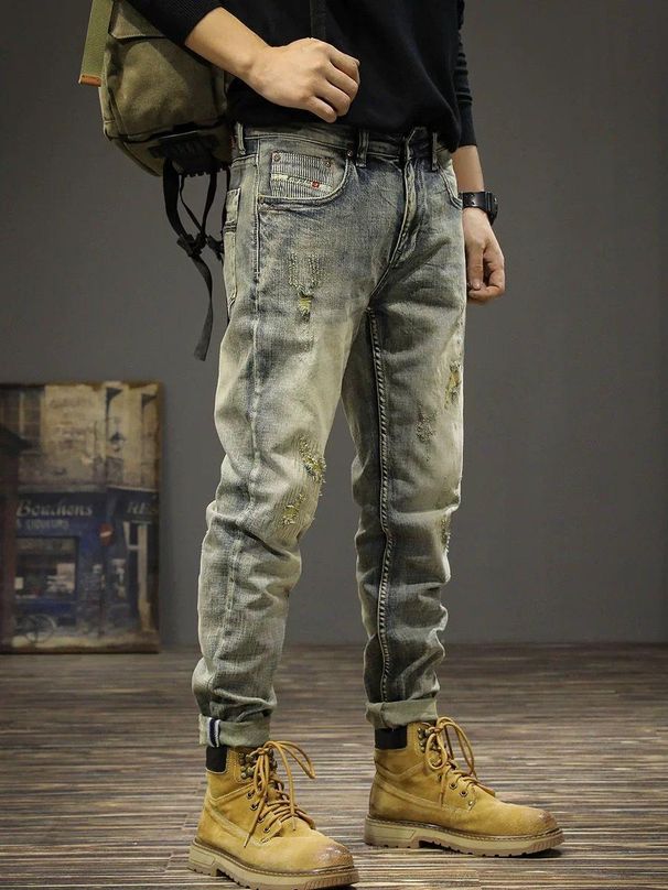 Men's Vintage Distressed Slim Fit Stretch Jeans Ripped Details Faded Wash Casual Classic Men's Clothing_mkmklike.com