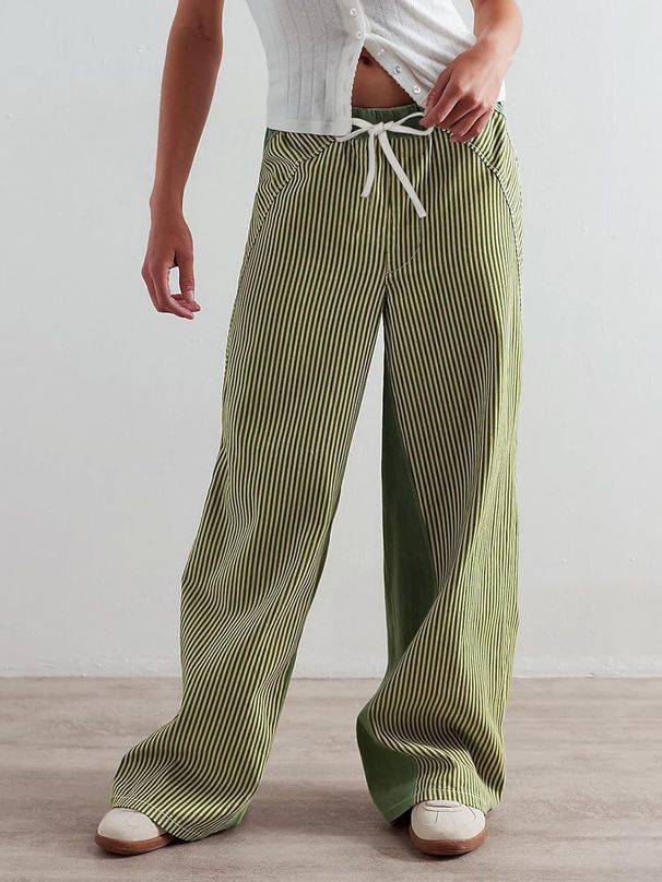 Women's Striped Wide Leg Jeans - High Waisted Loose Fit Casual Denim Pants With Elastic Waistband & Patchwork Design For Streetwear Fashion_mkmklike.com