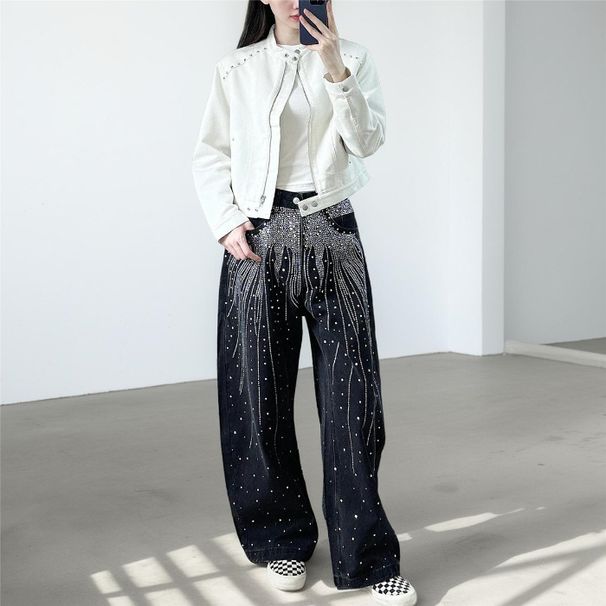 Plus-Size Rhinestone Embellished Jeans – Retro Wide-Leg, Stretch-Free Denim (Black, S-3XL, Streetwear & Chic)_mkmklike.com