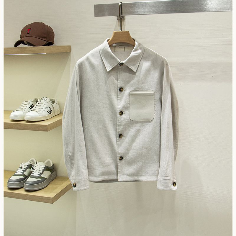 LP Ediion Exquisie Lazy Feel Early Auumn Casual Lighweigh Turn-Down Collar Loose Jacke Men's Linen Shir-Syle_mkmklike.com