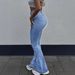 Women's Micro-flare Street Style, Solid Color, Zipper Flare, Light Blue, High Waist, Slim Fit Jeans, Cross-border_mkmklike.com