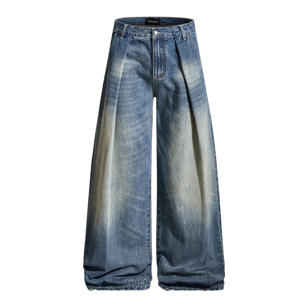 Punk Washed White Denim Wide-Leg Men's Design Sense Pleated Frayed Loose Floor-Length Pants Trendy_mkmklike.com