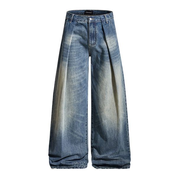 Punk Washed White Denim Wide-Leg Men's Design Sense Pleated Frayed Loose Floor-Length Pants Trendy_mkmklike.com