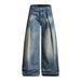 Punk Washed White Denim Wide-Leg Men's Design Sense Pleated Frayed Loose Floor-Length Pants Trendy_mkmklike.com