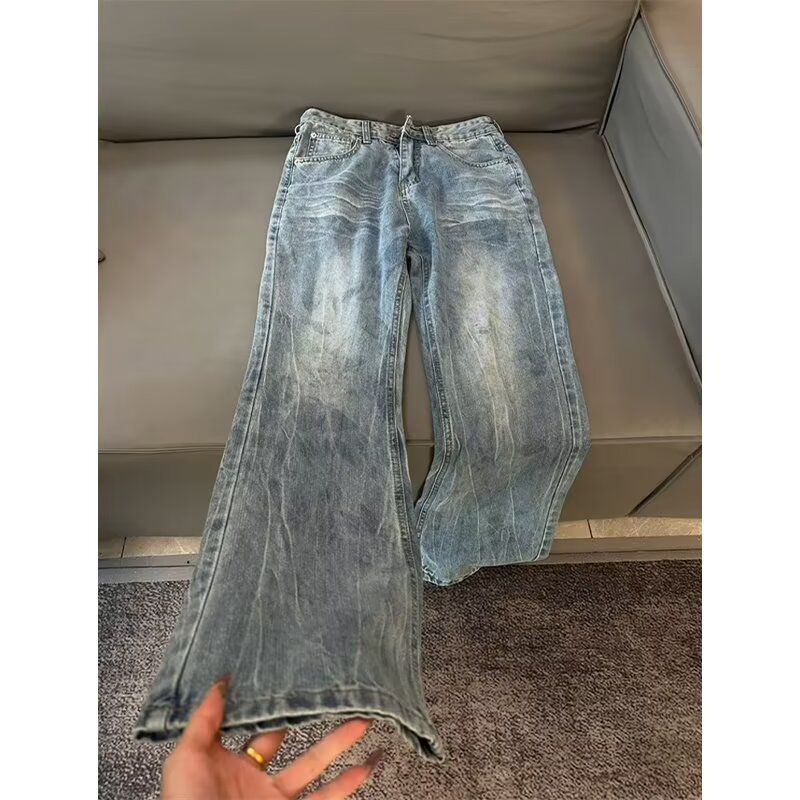 Men's Distressed Washed Denim Jeans - Relaxed Straight Leg With Cat Whisker Details, High Street Vibe, Comfortable Fit For Casual Wear_mkmklike.com