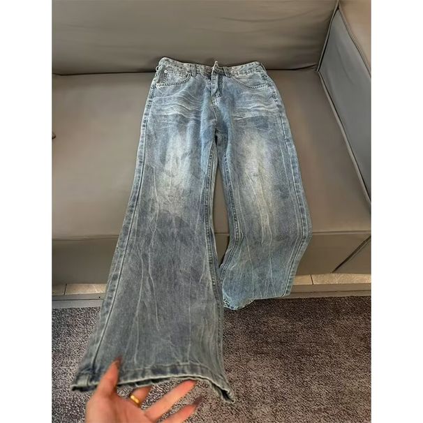 Men's Distressed Washed Denim Jeans - Relaxed Straight Leg With Cat Whisker Details, High Street Vibe, Comfortable Fit For Casual Wear_mkmklike.com