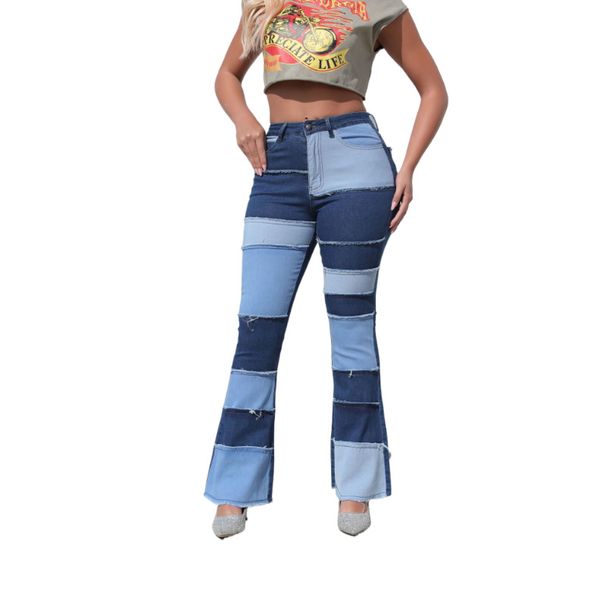 Women's Clothing New Retro Washed Contrast Color High Waist Hip Lifting Hot Girl Flared Women's Denim Trousers_mkmklike.com
