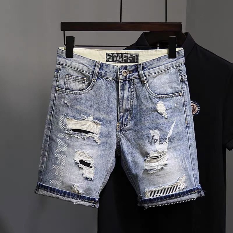 Vintage Washed Slim-Fit Denim Shorts – Light Blue With Cat Whiskers & Knee Rips (Sizes 28-36)_mkmklike.com