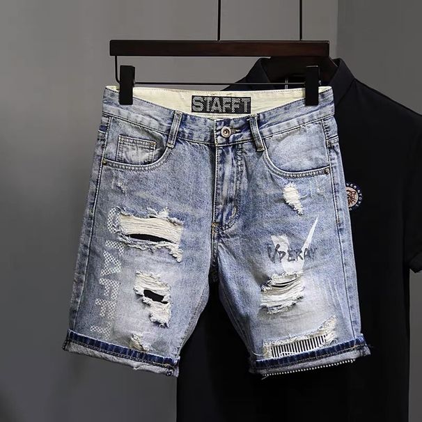 Vintage Washed Slim-Fit Denim Shorts – Light Blue With Cat Whiskers & Knee Rips (Sizes 28-36)_mkmklike.com
