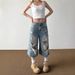Men’s Clothing Large Size Retro High Street Ripped Denim Cropped Jeans Summer Loose Drape Straight Wide Leg Pants_mkmklike.com