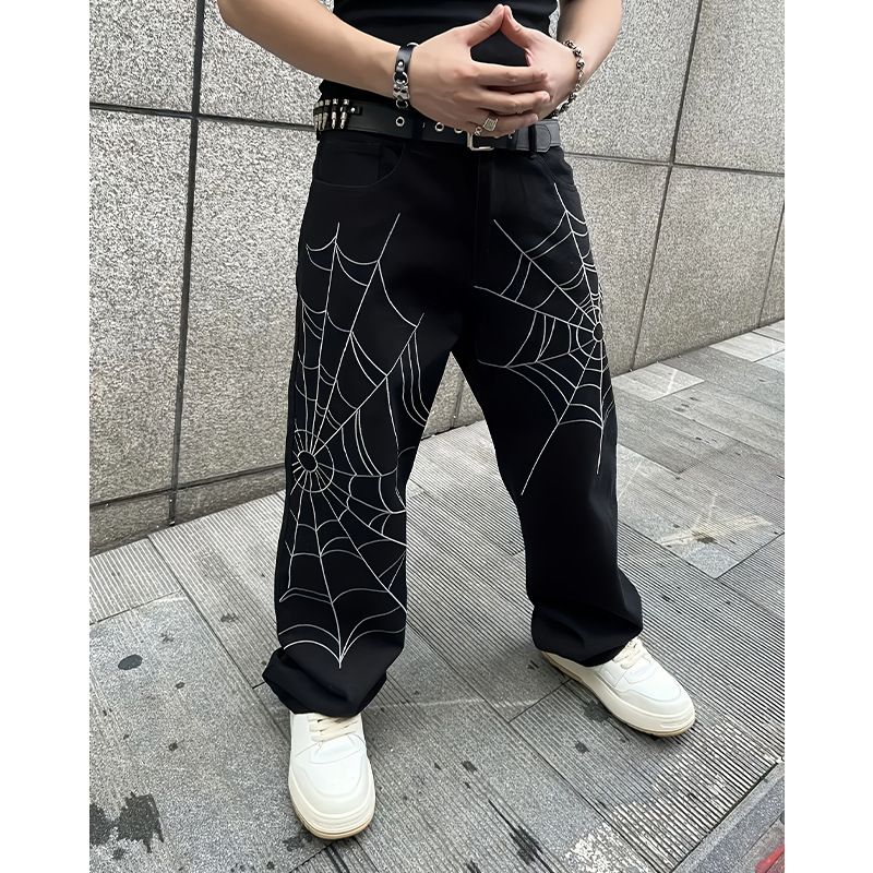 Men's Spider Web Print Jeans, Street Style Loose Fit Cotton Stretch Denim Pants For Casual Wear Comfort-Driven Fabric_mkmklike.com
