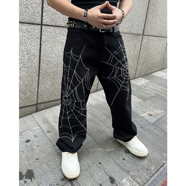 Men's Spider Web Print Jeans, Street Style Loose Fit Cotton Stretch Denim Pants For Casual Wear Comfort-Driven Fabric_mkmklike.com