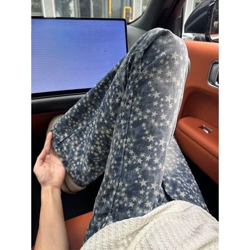 American-style Full-printed Star Jacquard Jeans Men's Trendy Brand New High Street Design Sense Thin Straight Slightly Elongated Pants_mkmklike.com