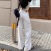 Women's High-Waisted Wide Leg Jeans White Loose Fit Slim Straight Leg Drape Detail Early Autumn Style for Petite Figures_mkmklike.com