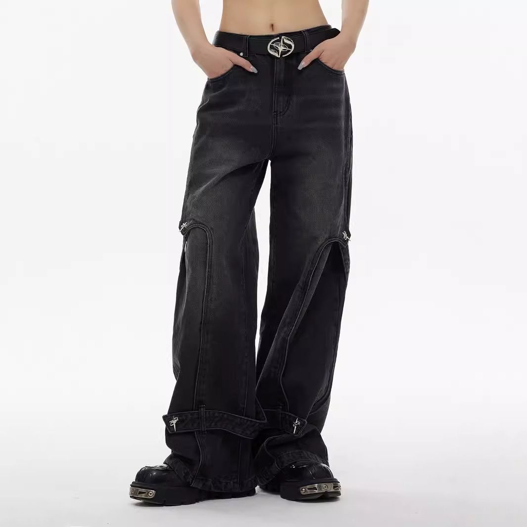 Washed Heavy Industry Splicing Jeans Men's American High Street Old Deconstruction Style Loose Casual Ruffian Handsome Straight Trousers_mkmklike.com