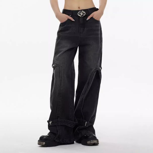 Washed Heavy Industry Splicing Jeans Men's American High Street Old Deconstruction Style Loose Casual Ruffian Handsome Straight Trousers_mkmklike.com