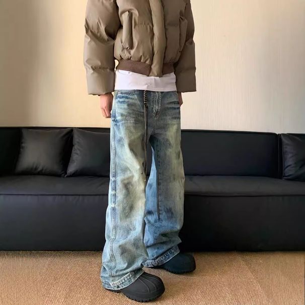Men's Streetwear Splatter Paint Jeans – Vintage Washed Denim, Loose Straight Fit, Urban Artistic Style For Casual Wear_mkmklike.com