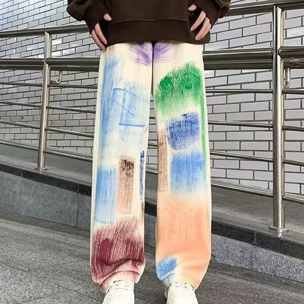 Colorful Spray Paint Jeans For Men, American High Street Style, Loose Straight Pan, Designer Washed Niche Wide-Leg_mkmklike.com