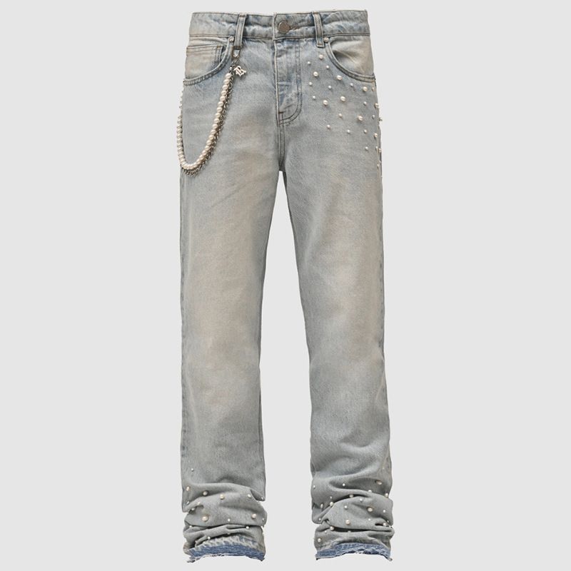 Laike Men's Rhinestone Embellished Stretch Denim Jeans, Straight Leg Casual Pants For Streetwear Fashion_mkmklike.com
