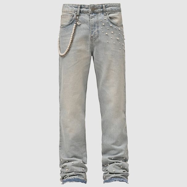 Laike Men's Rhinestone Embellished Stretch Denim Jeans, Straight Leg Casual Pants For Streetwear Fashion_mkmklike.com