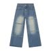 Unisex High-Waisted Raw Hem Jeans – Distressed Straight Leg Denim Pants With Irregular Fraying, Vintage Inspired (Blue)_mkmklike.com